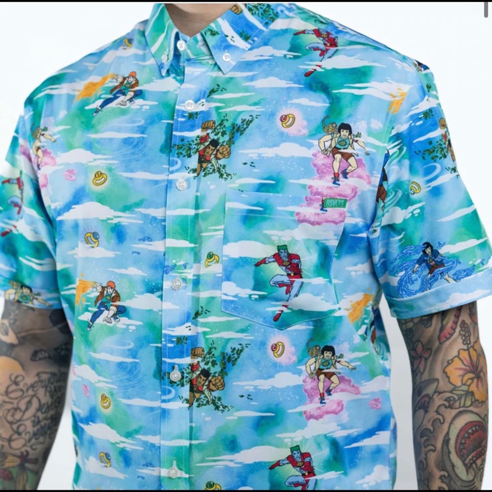 BNWT “Powers Combined” Kunuflex Captain Planet men’s button-down shirt.